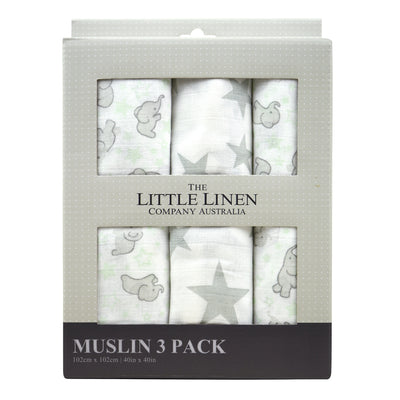 Muslin Wrap 3pk - Mint Elephant