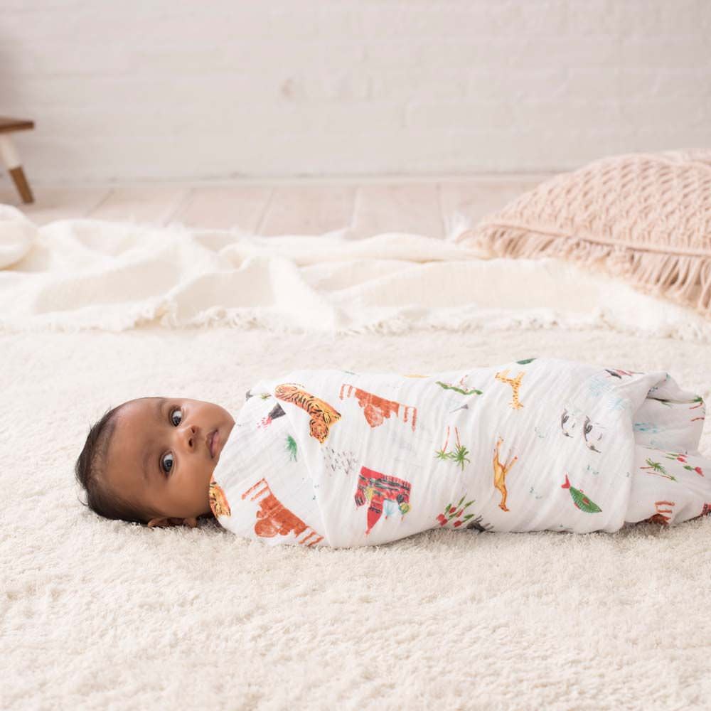 Baby in an Aden & Anais Swaddle Wrap