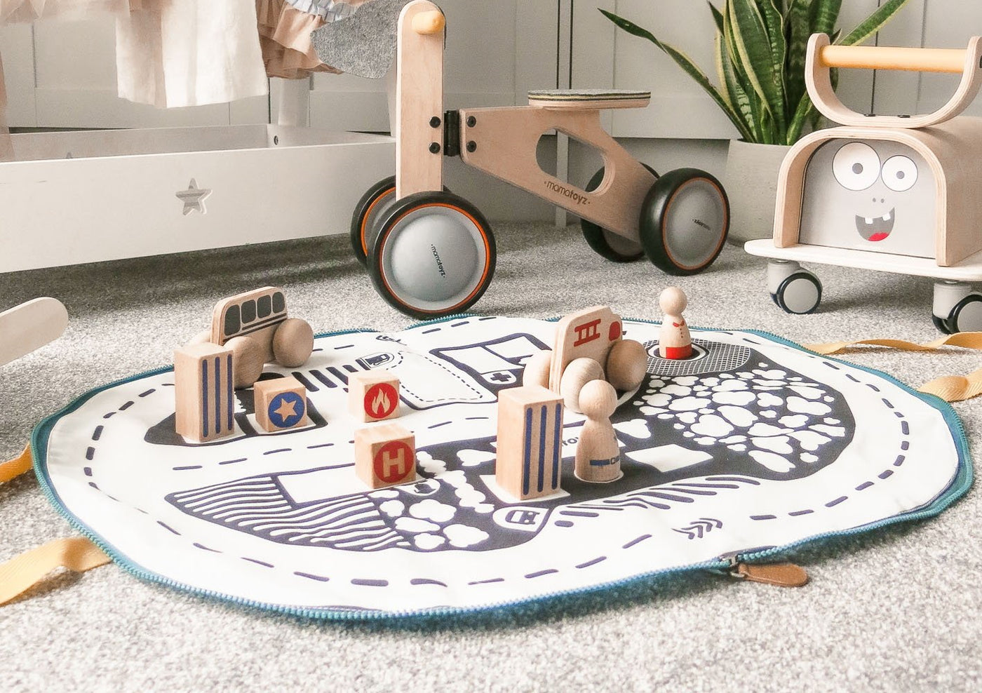 Play road mat with wooden toys