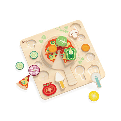 Wooden pizza-making toy with colorful components on a white background