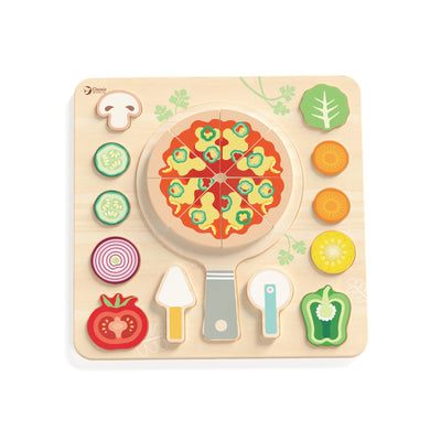 Wooden pizza toy with colorful ingredients on a white background