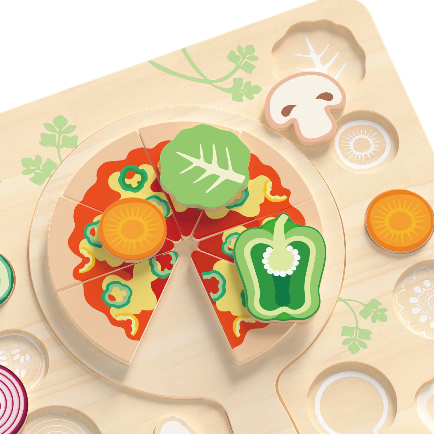 Wooden toy pizza with colorful vegetable pieces on a light brown tray