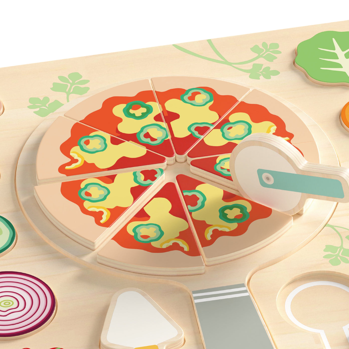 Wooden pizza toy with colorful slices and a pizza cutter on a beige surface.
