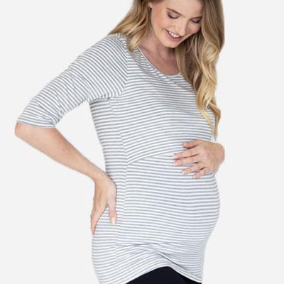 Half Sleeve Maternity & Nursing Top - Grey Stripes