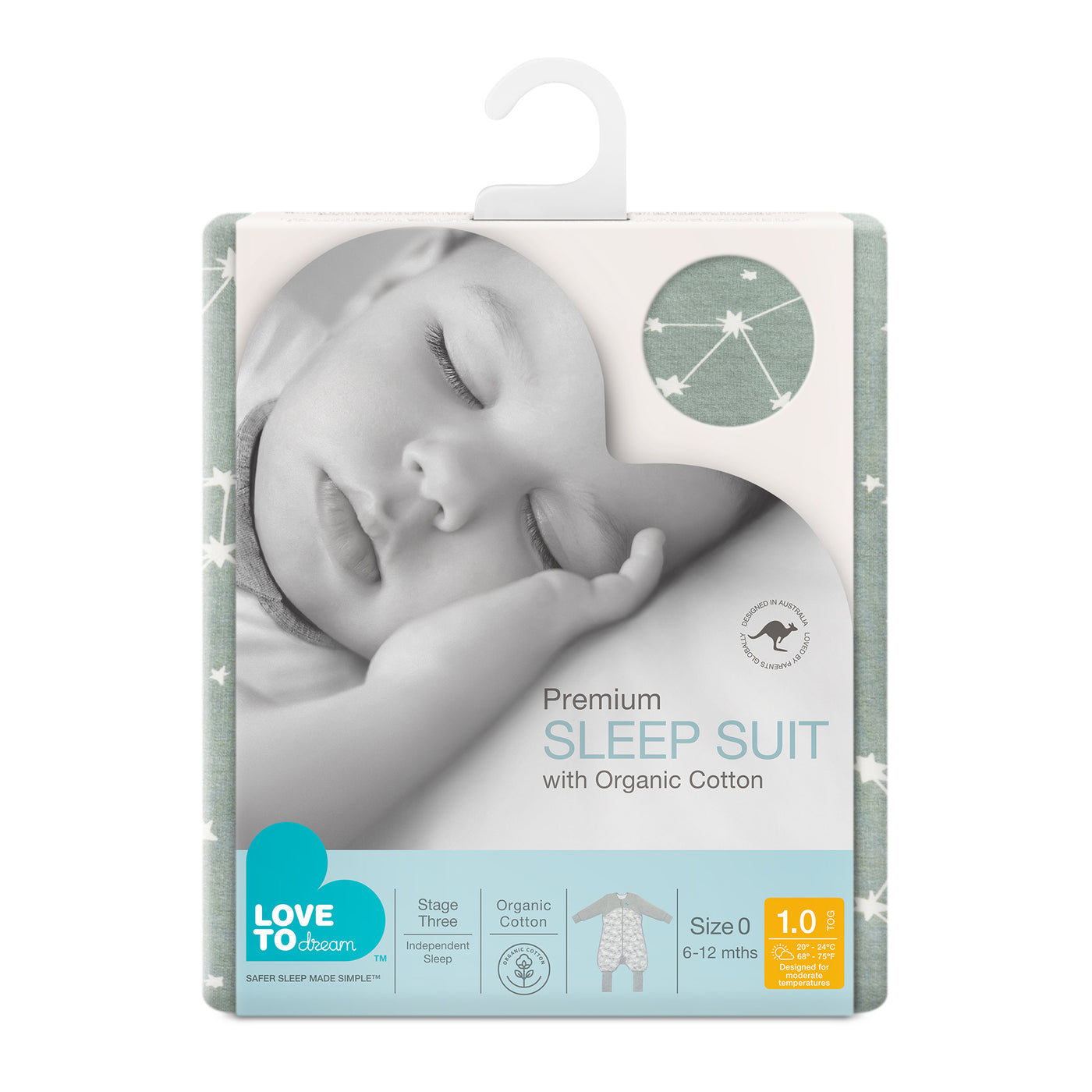 Sleep Suit Organic Long Sleeve 1.0 TOG - Olive Stellar